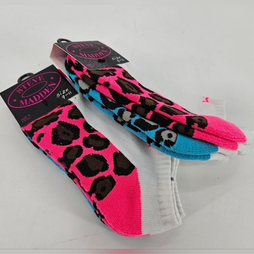 Steve Madden Womens Low Cut PINK & BLUE Leopard Pattern Socks 4 Pair - Y2K